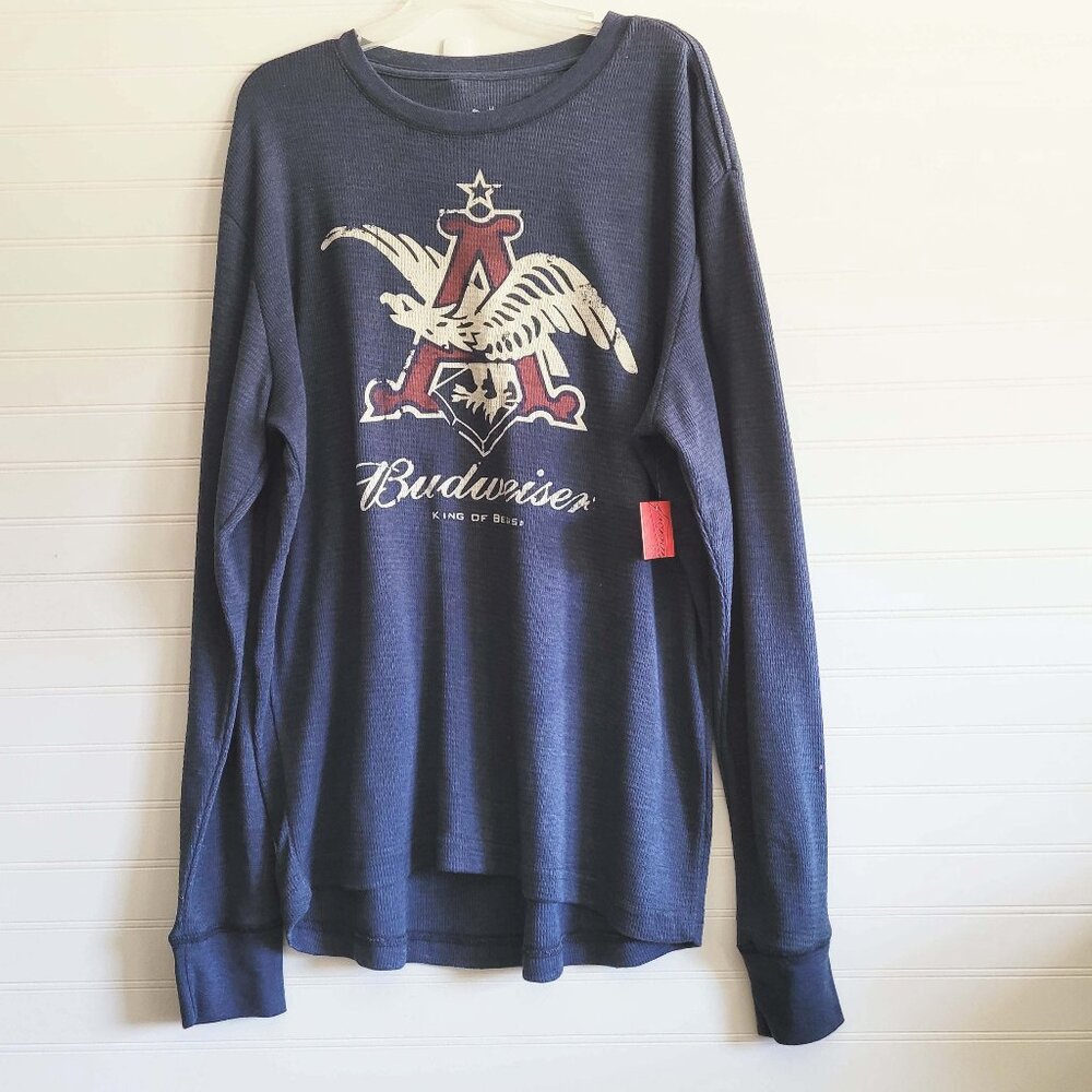 Budweiser Shirt Mens XL Blue Waffle Thermal Long Sleeve Graphic Print NEW